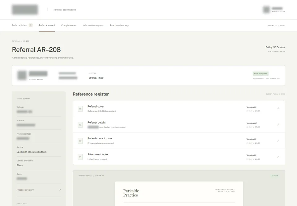 Referral AR–208 — identifying labels masked