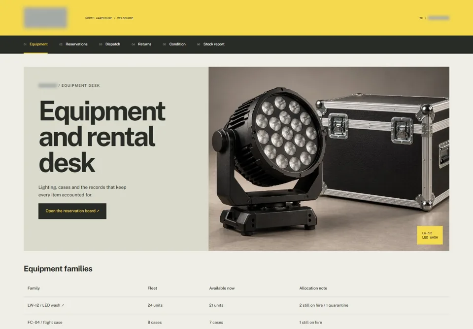 Equipment and rental desk — identifying labels masked