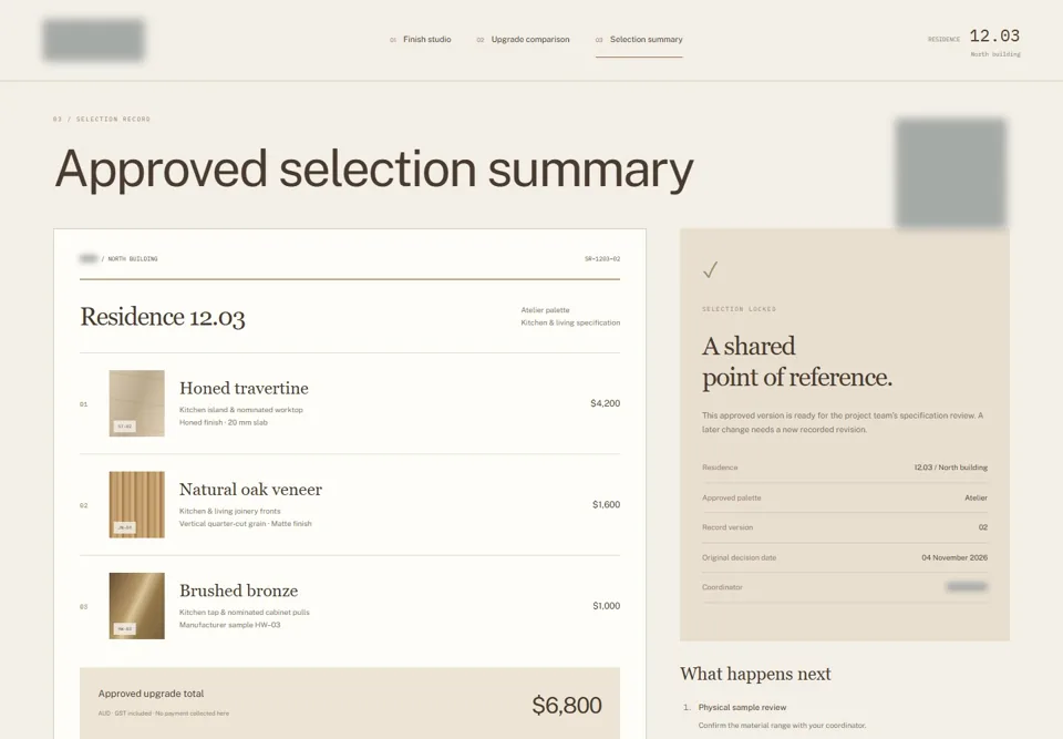 Approved selection summary — identifying labels masked