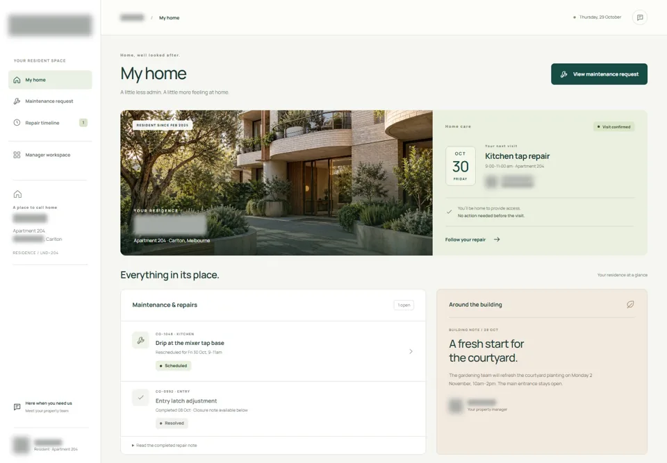 Resident home — identifying labels masked