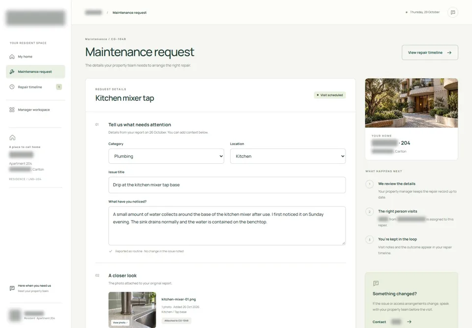 Populated maintenance report — identifying labels masked