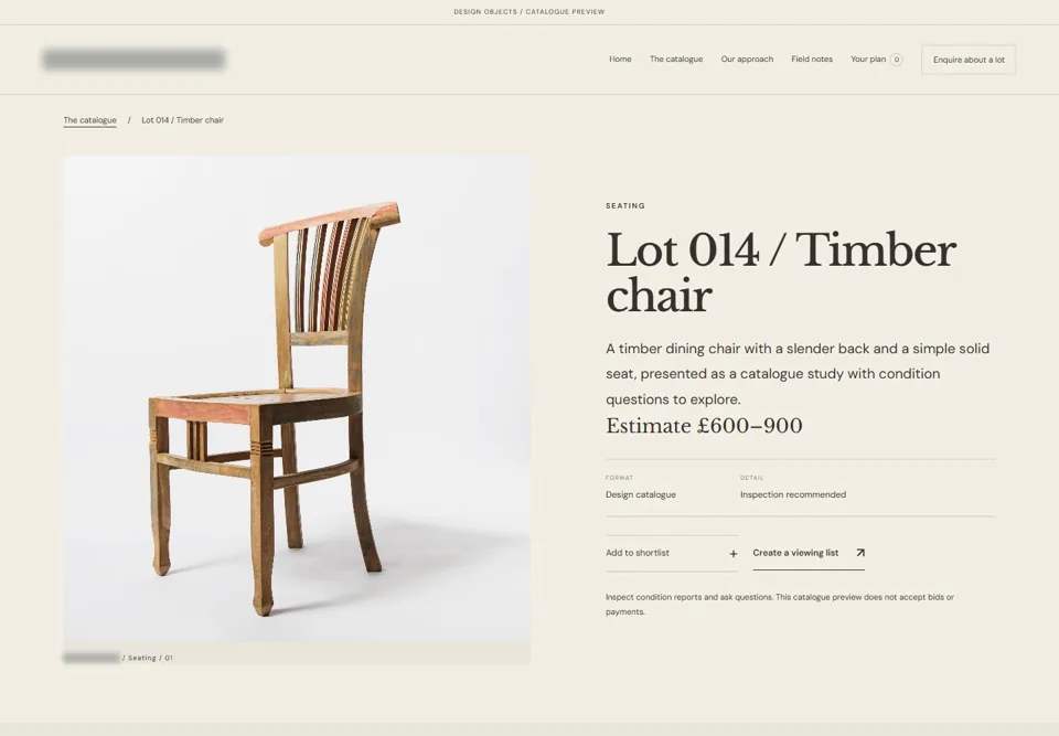 Lot 014 / Timber chair — identifying labels masked