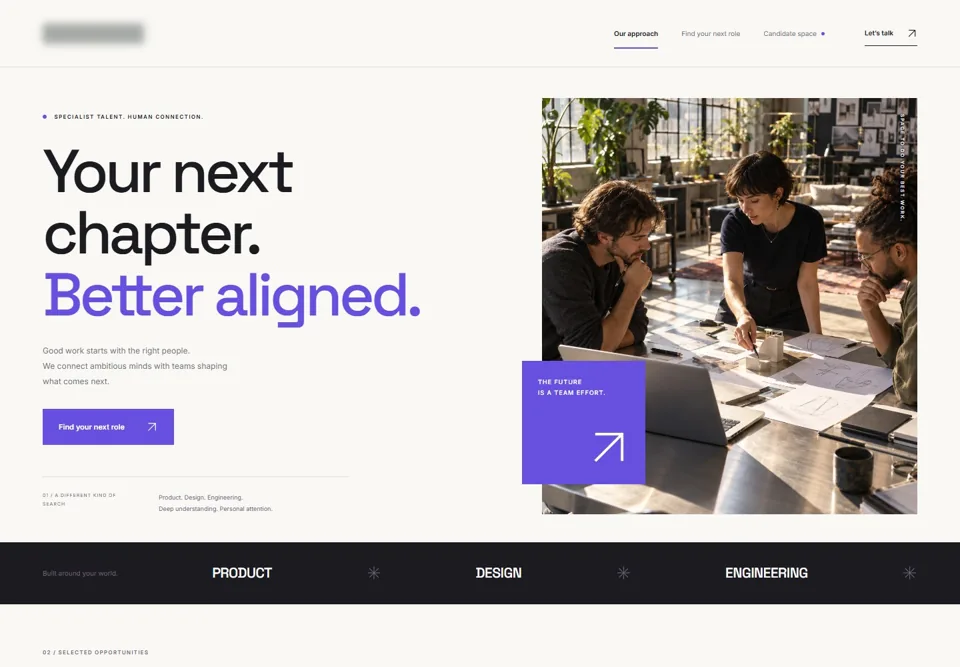 Recruitment brand home — identifying labels masked