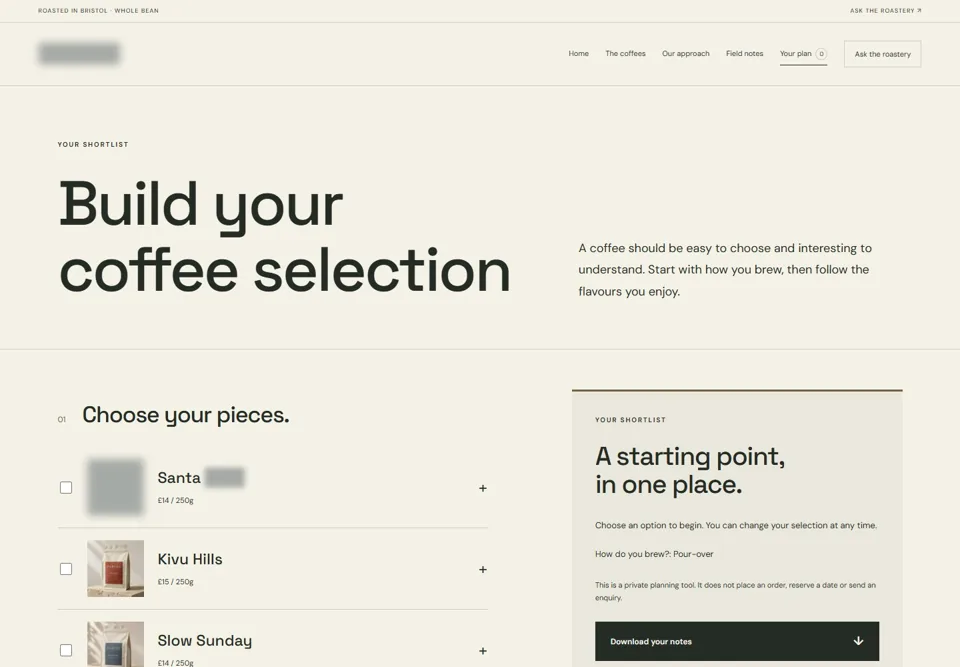 Build your coffee selection — identifying labels masked
