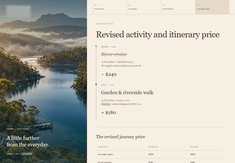 Revised activity and itinerary price — identifying labels masked