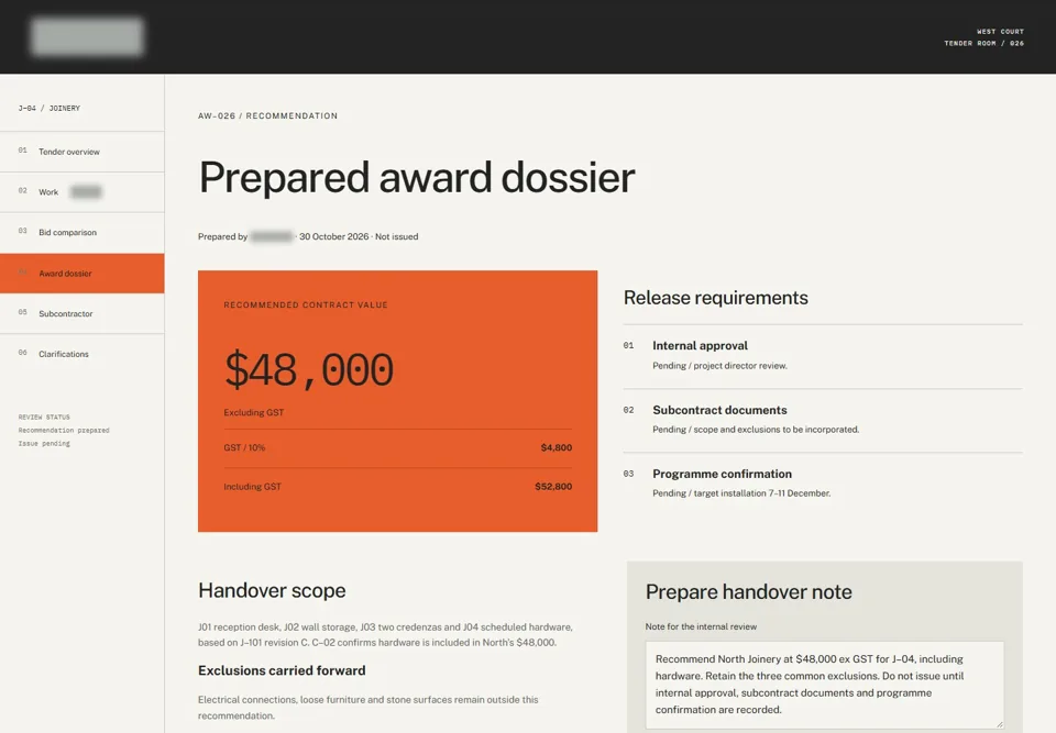Prepared award dossier — identifying labels masked