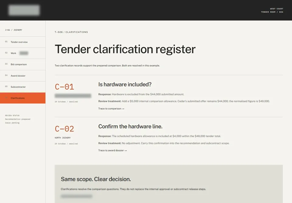 Tender clarification register — identifying labels masked