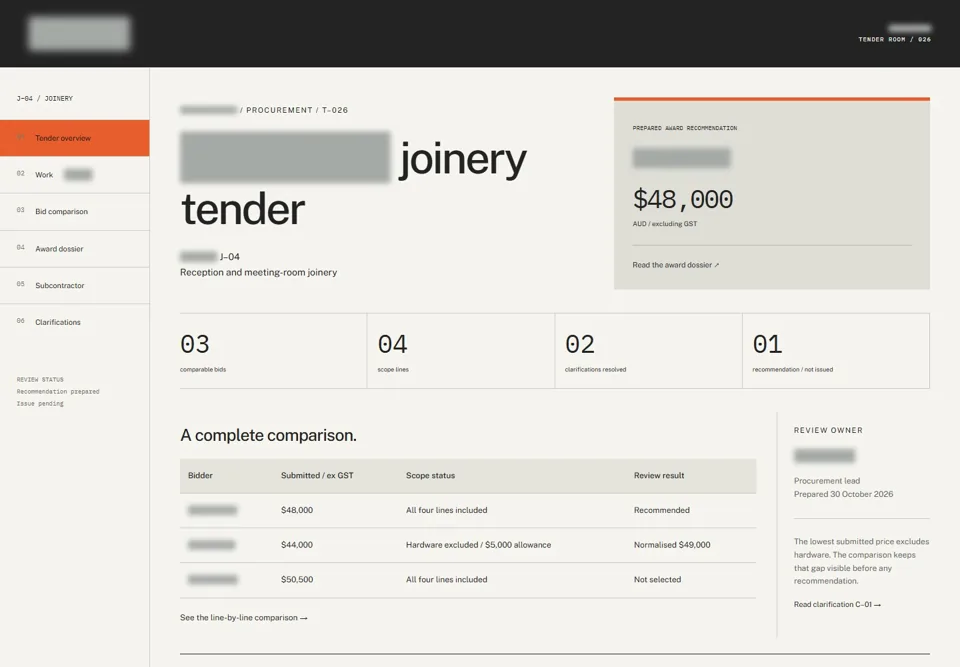 West Court joinery tender — identifying labels masked