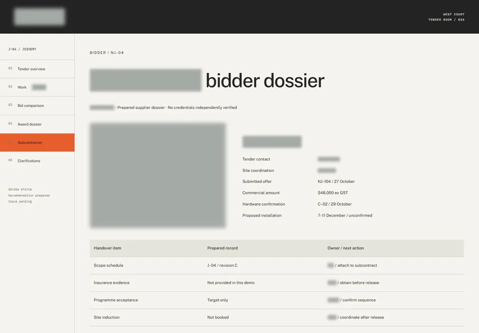 North Joinery bidder dossier — identifying labels masked