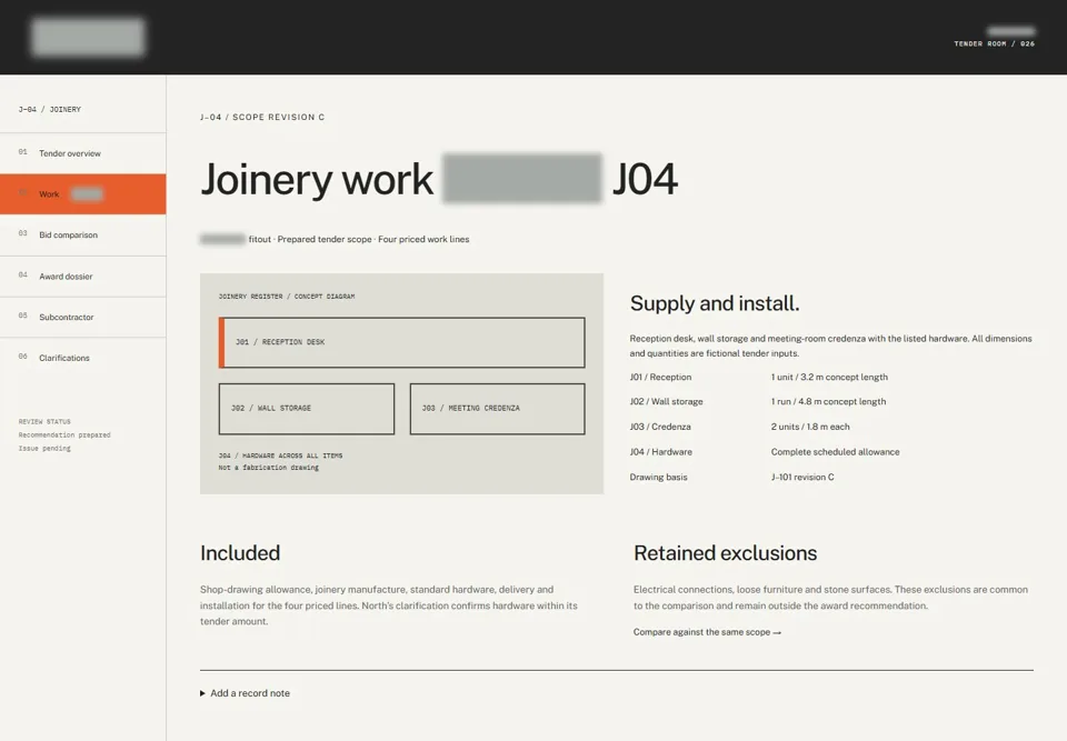 Joinery work package J04 — identifying labels masked