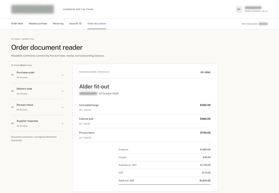 Order document reader — identifying labels masked