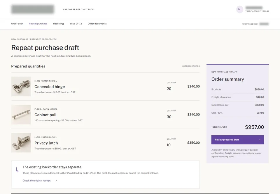 Repeat purchase draft — identifying labels masked