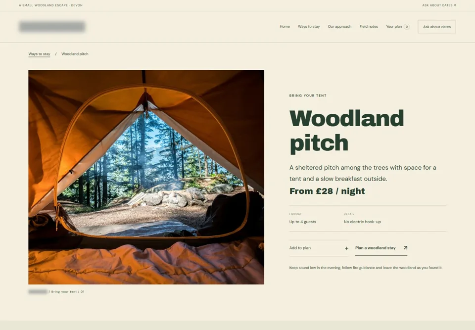 Woodland pitch — identifying labels masked