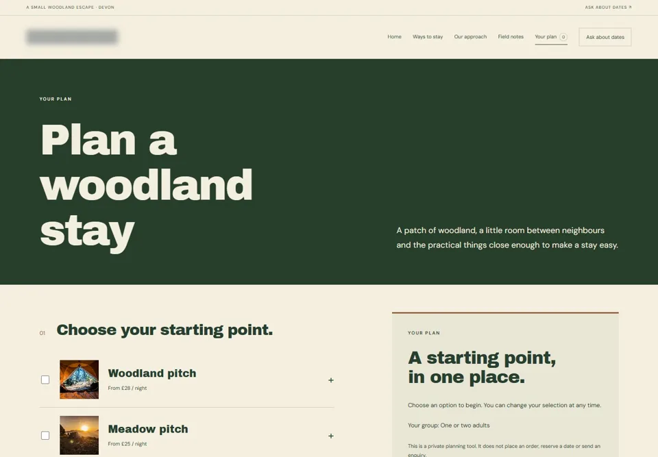 Plan a woodland stay — identifying labels masked