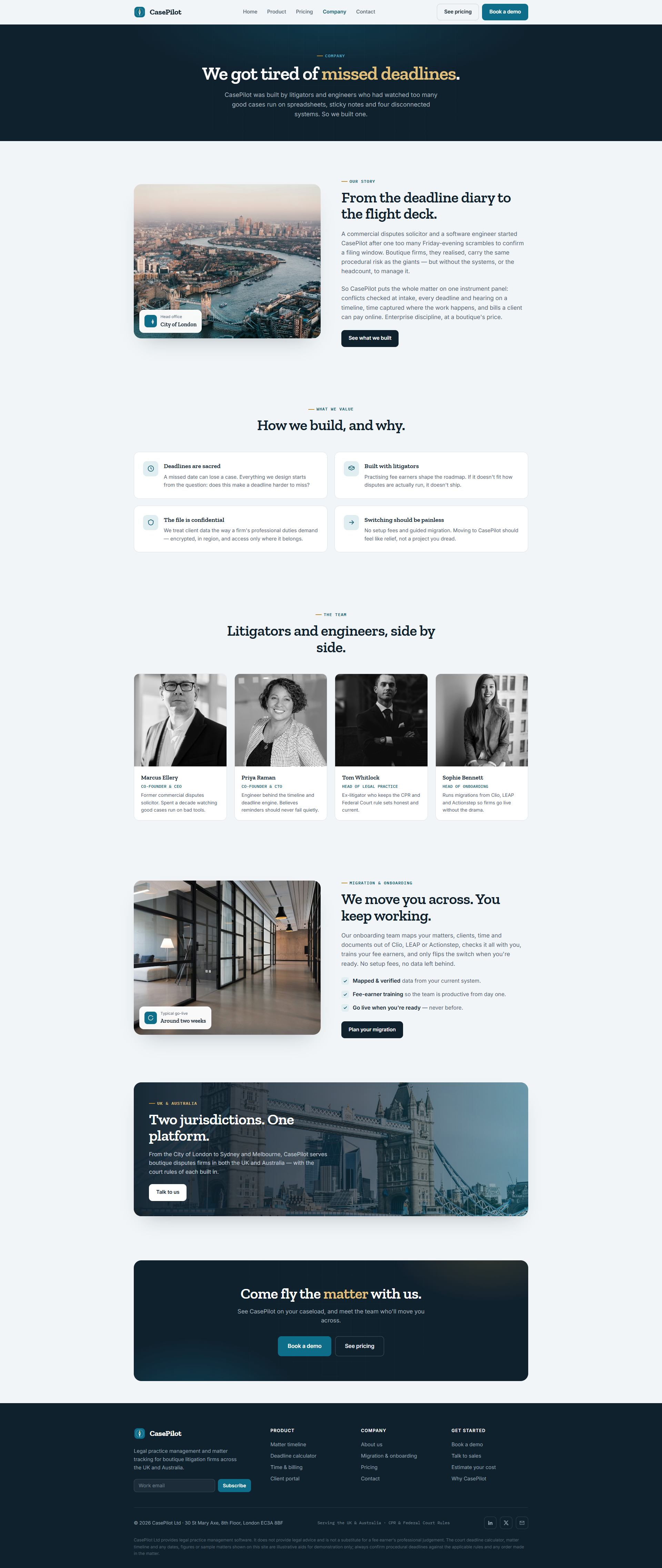 Litigation Practice Management Platform Website, company page