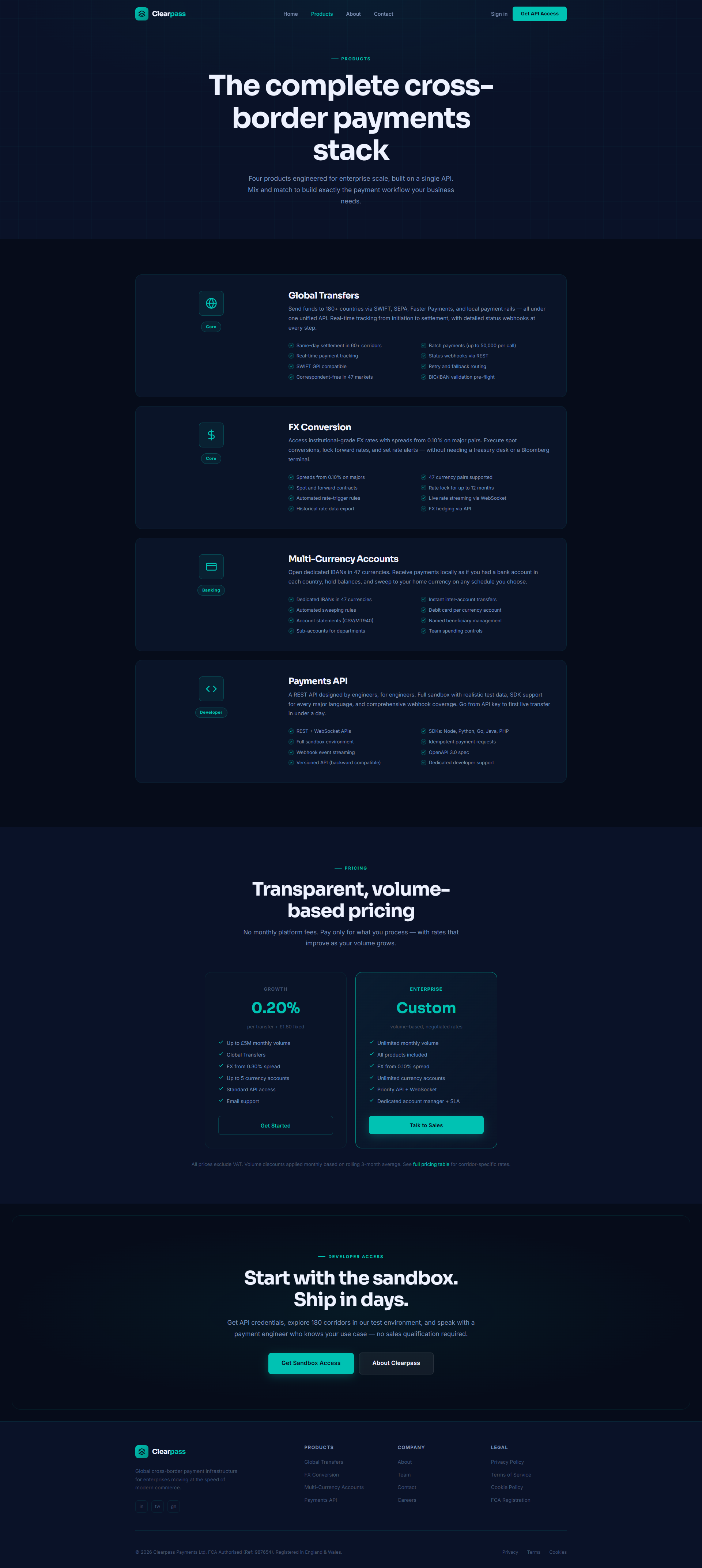 Global Cross-Border Payment Infrastructure Website, products page