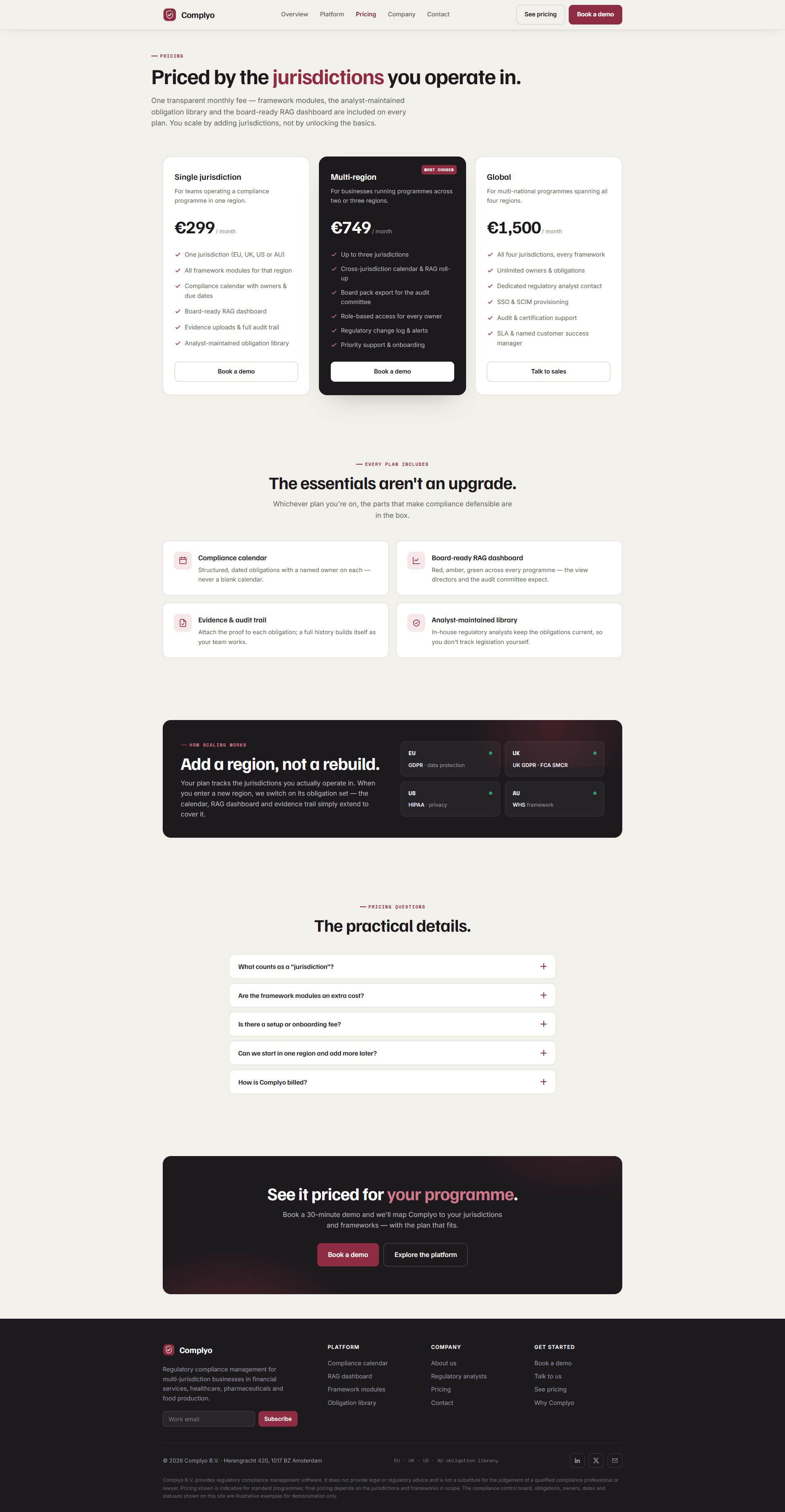 Multi-Jurisdiction Compliance Management Website, pricing page