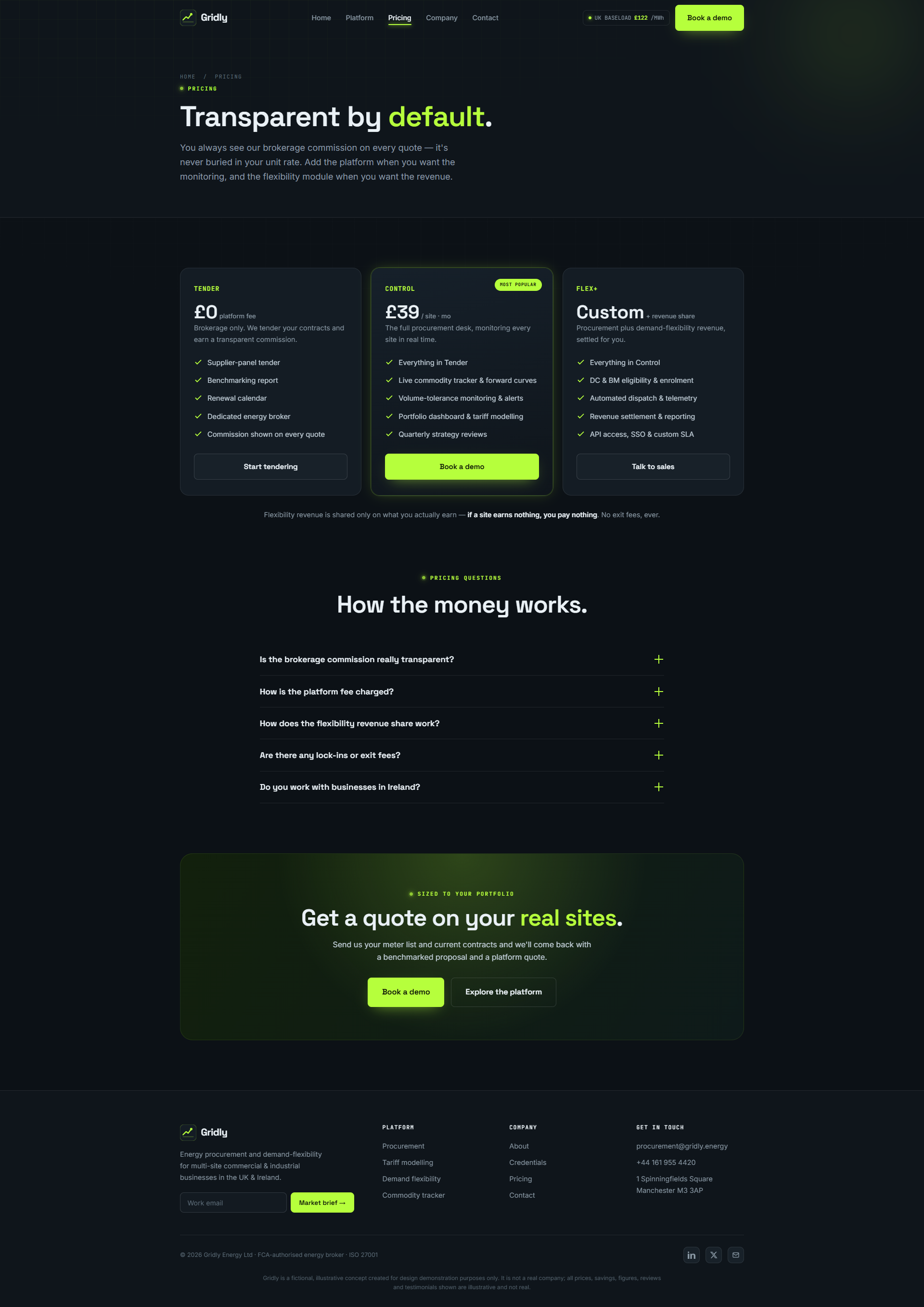 Energy Procurement & Demand Flexibility Platform Website, pricing page