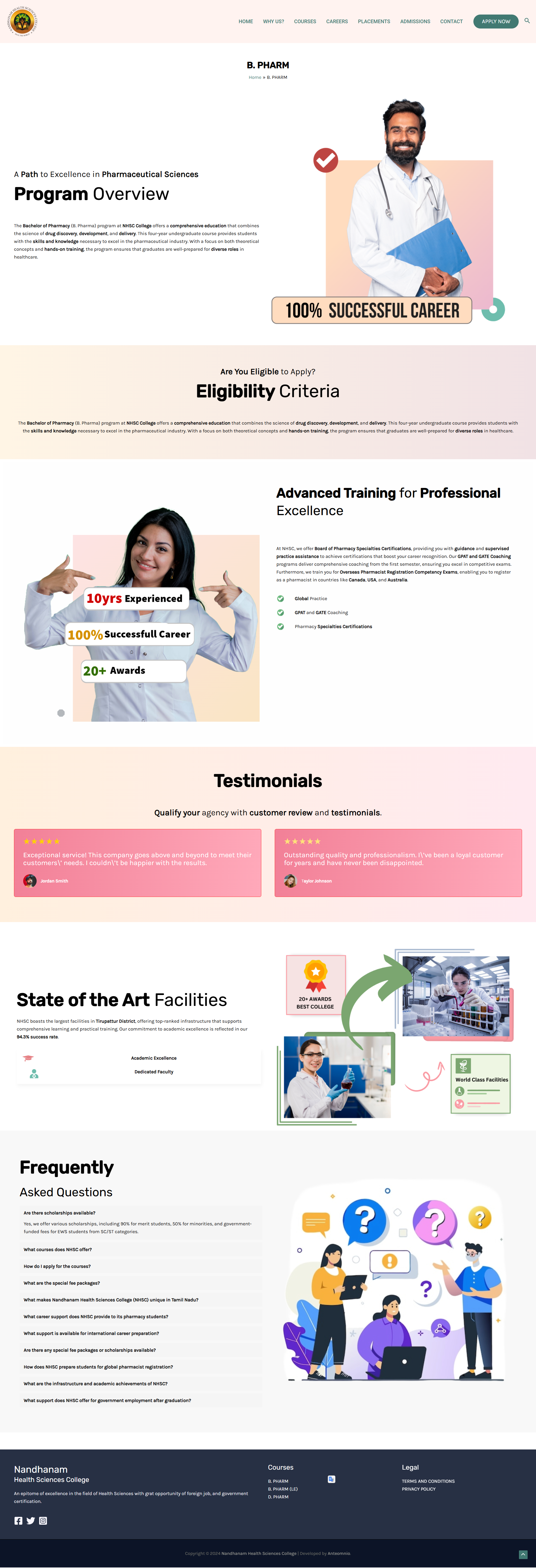 Health sciences college website, screenshot 2