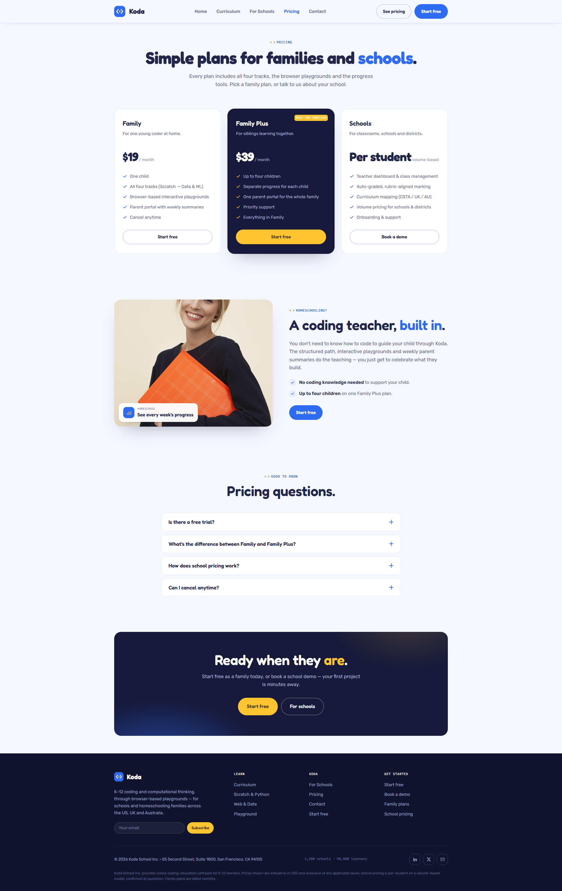 K-12 Coding & Computational Thinking Platform Website, pricing page