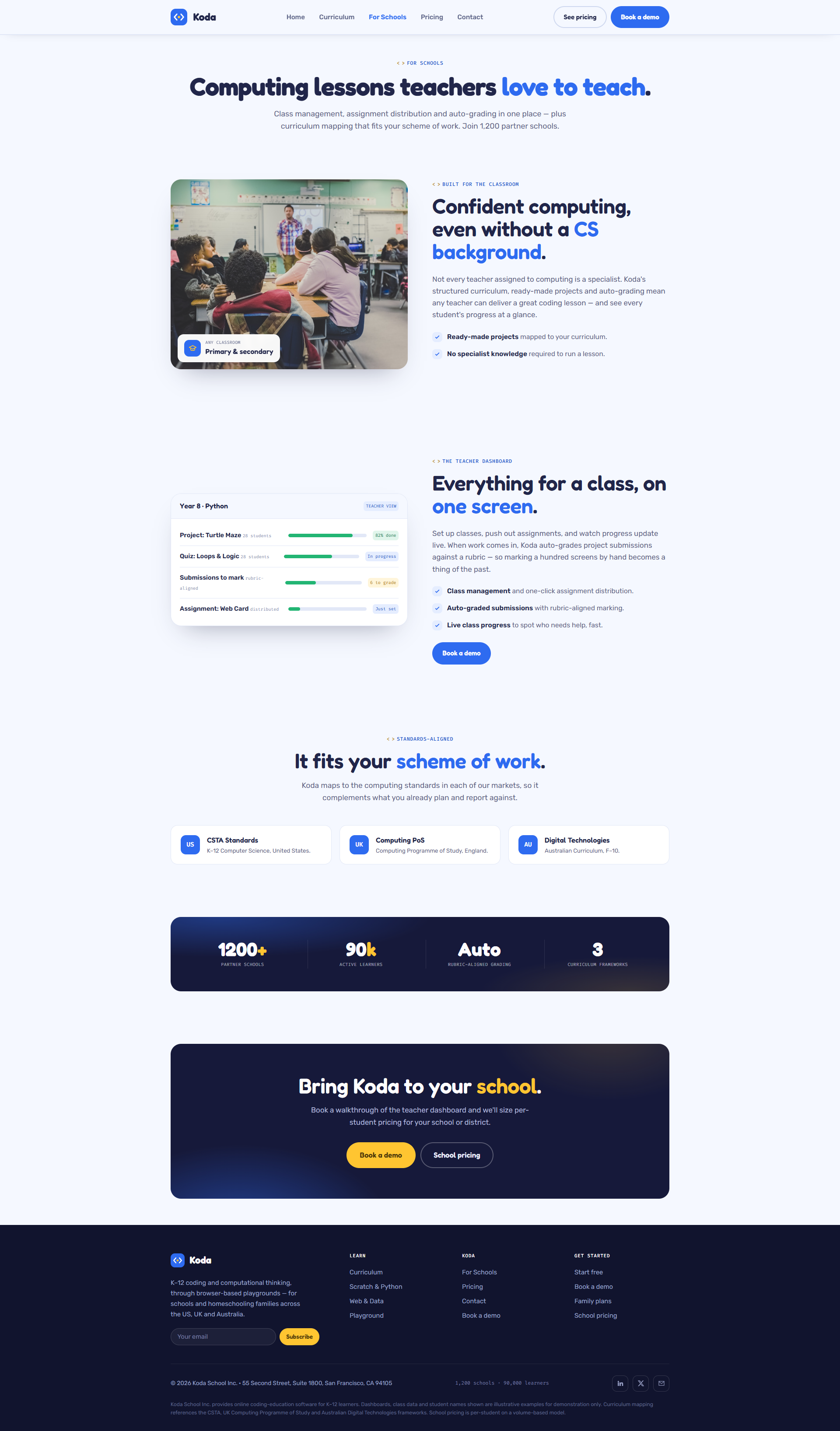 K-12 Coding & Computational Thinking Platform Website, schools page