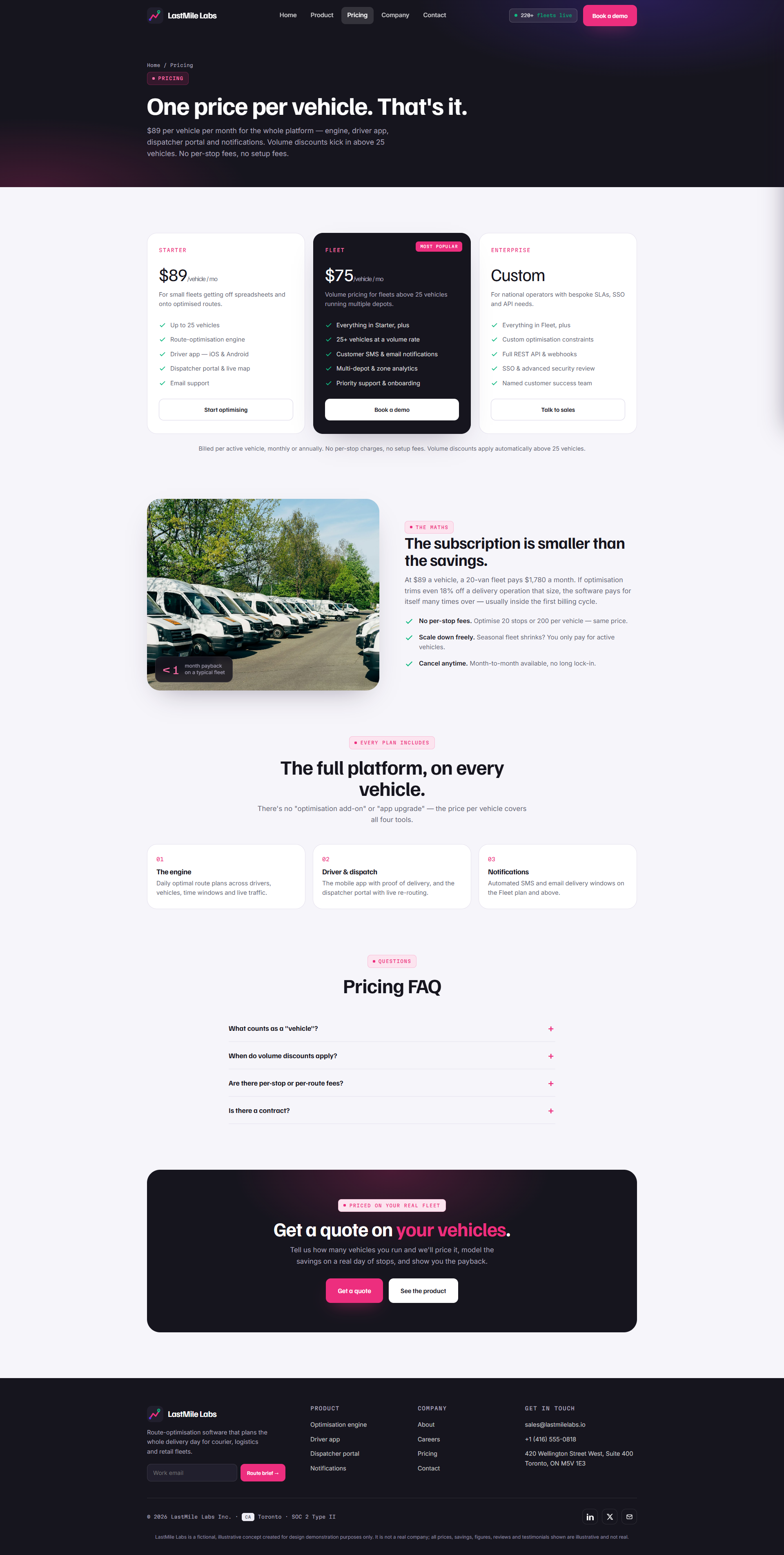 Route Optimisation Software Website, pricing page