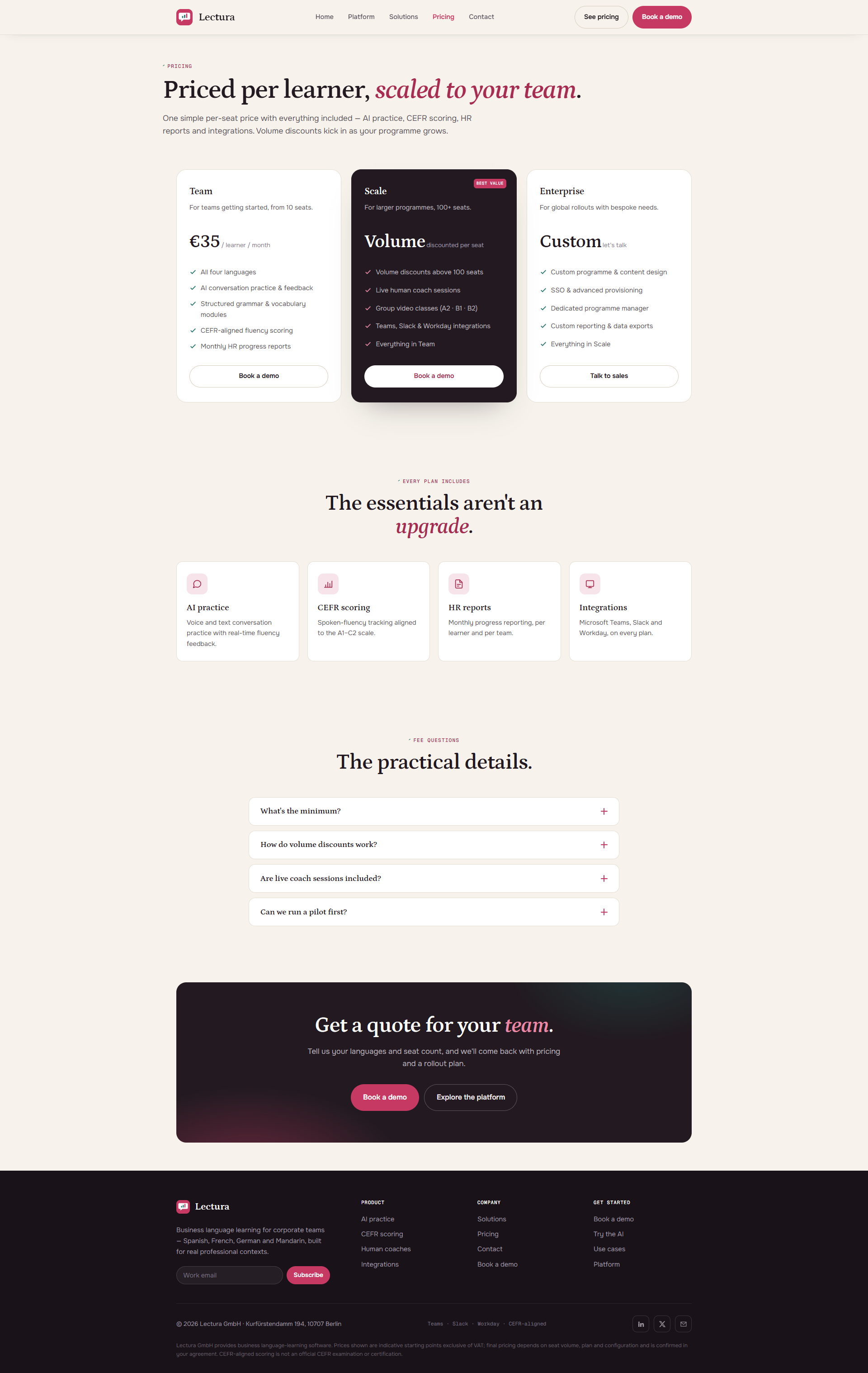 Corporate Language Learning Platform Website, pricing page