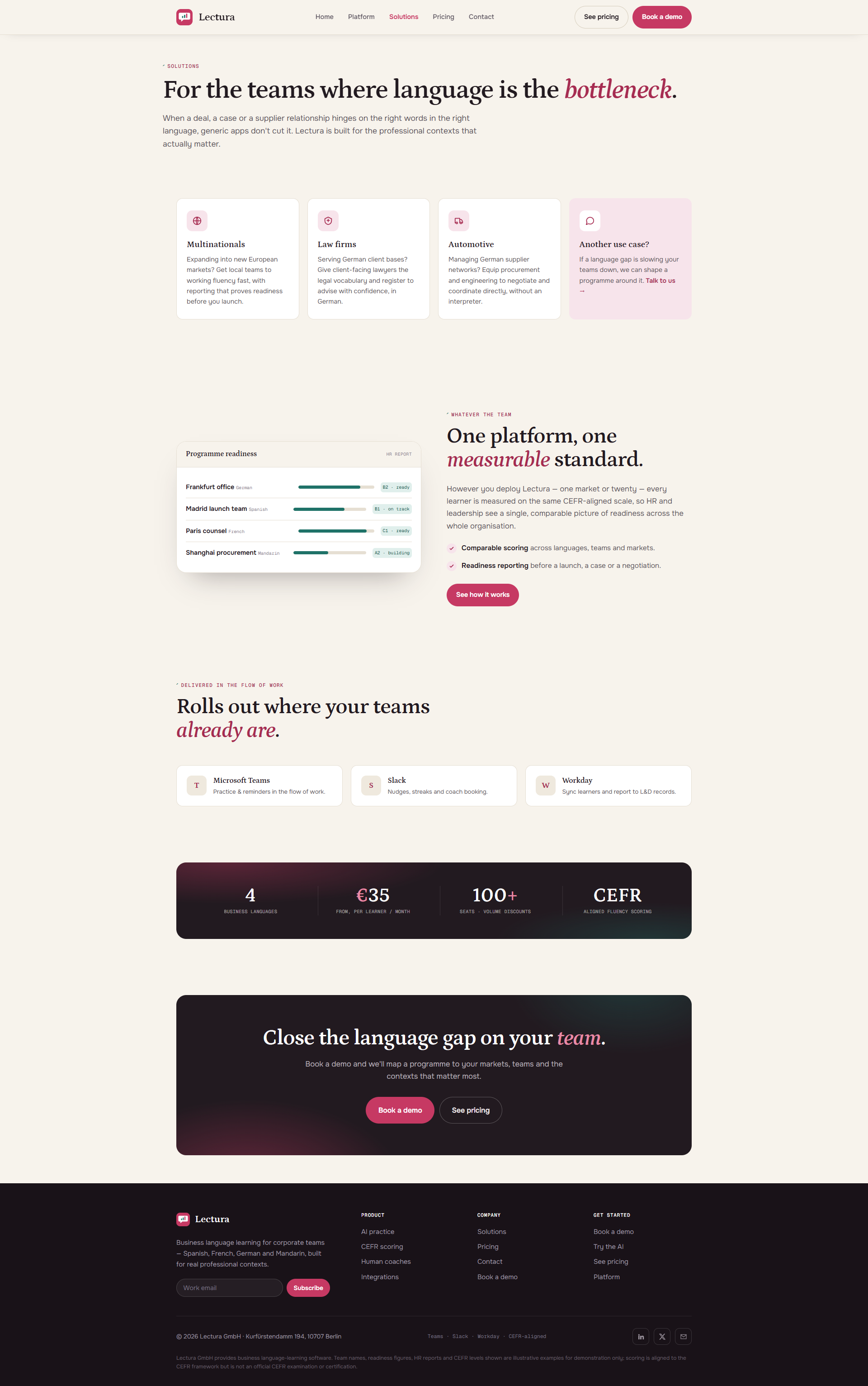 Corporate Language Learning Platform Website, solutions page