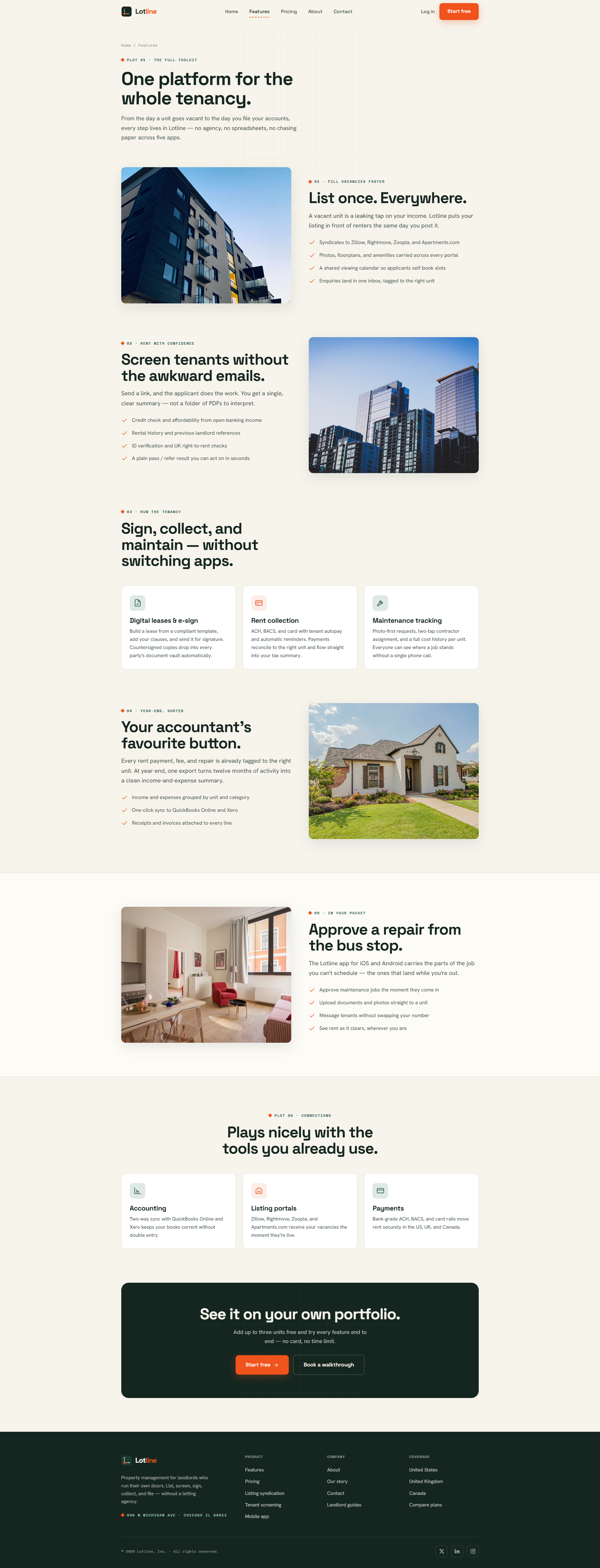 Self-Managing Landlord Platform Website, features page