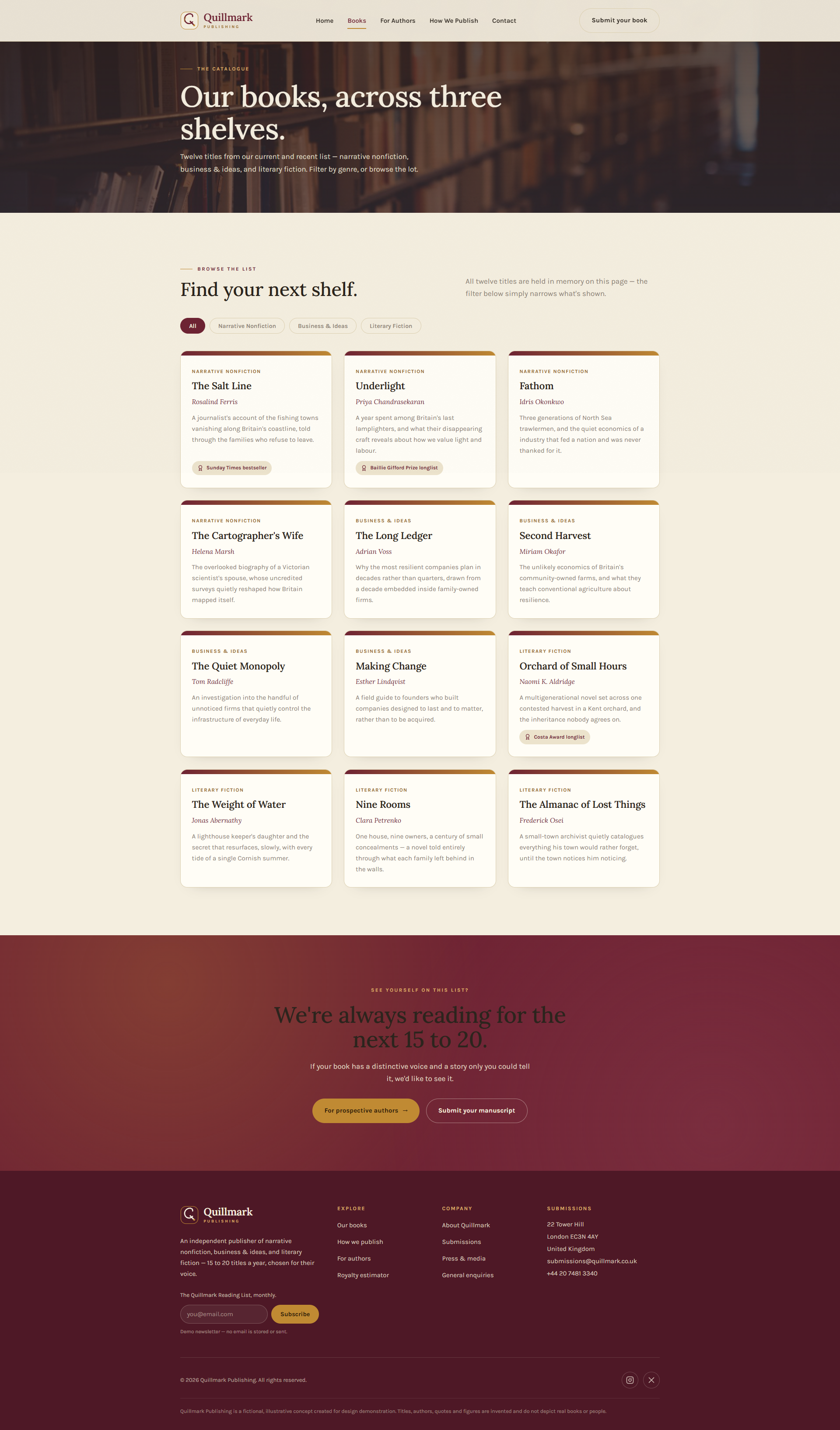 Independent Literary Publisher Website, books page