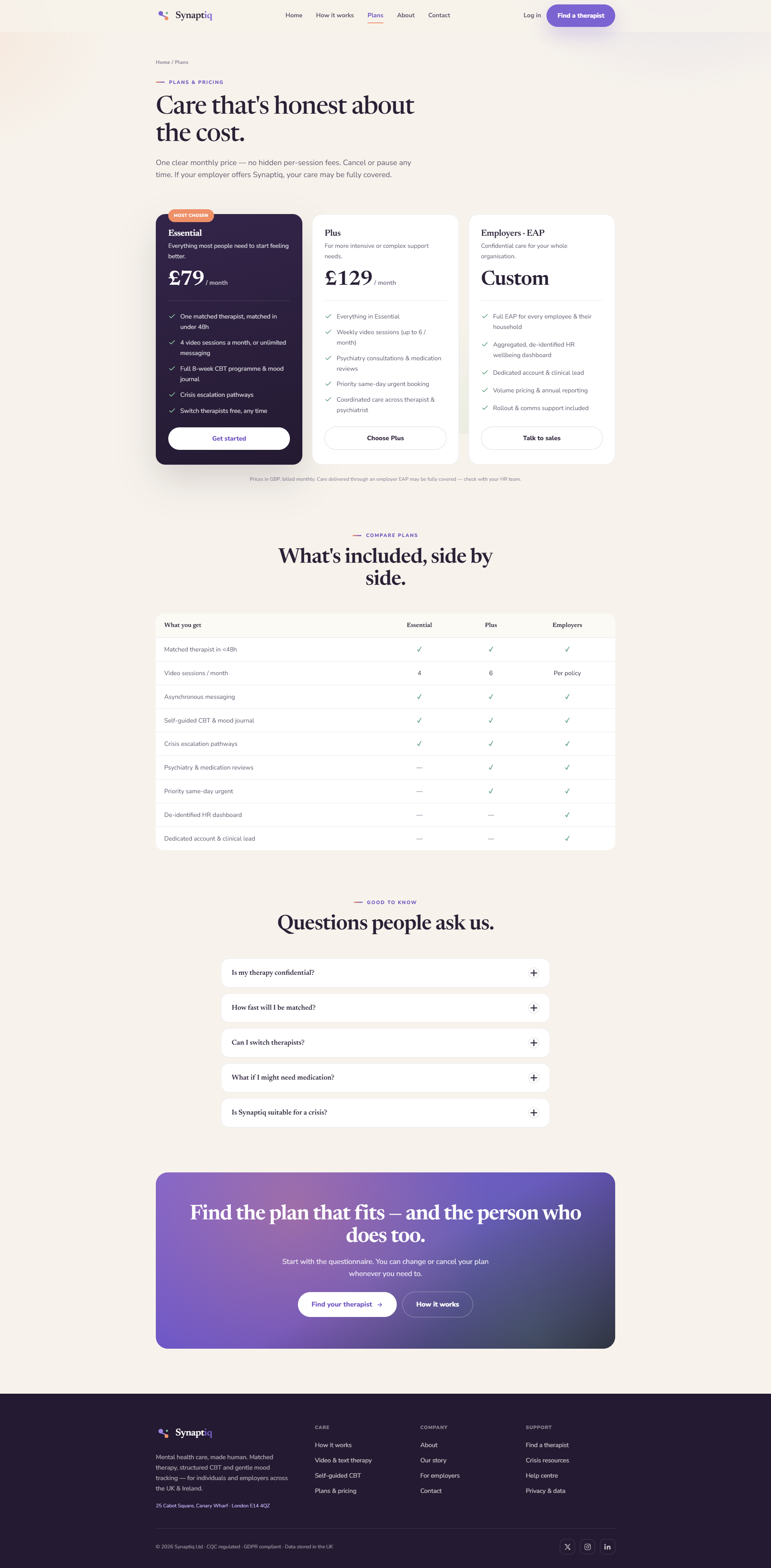 Mental Health Therapy Platform Website, pricing page