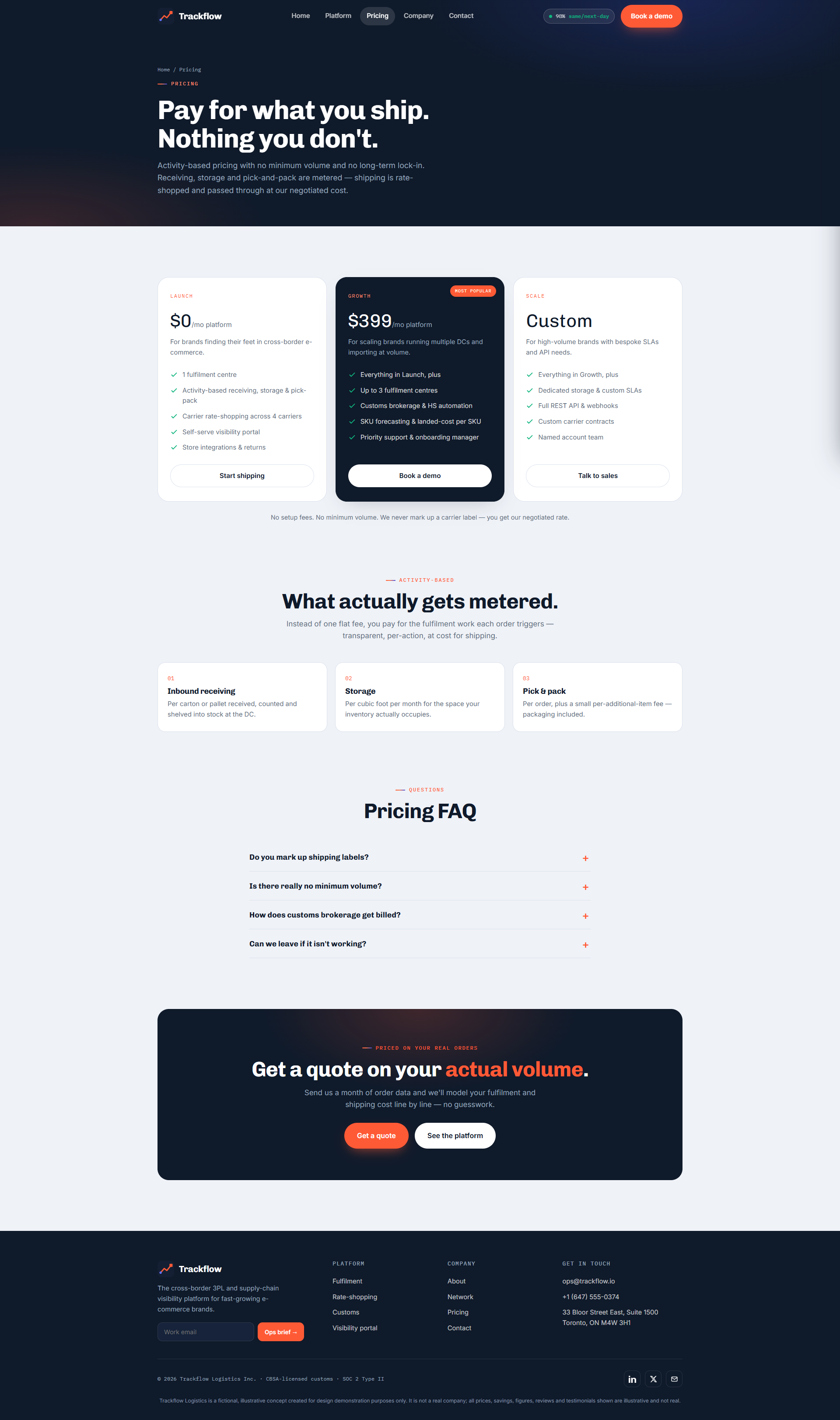 Cross-Border 3PL & Visibility Platform Website, pricing page