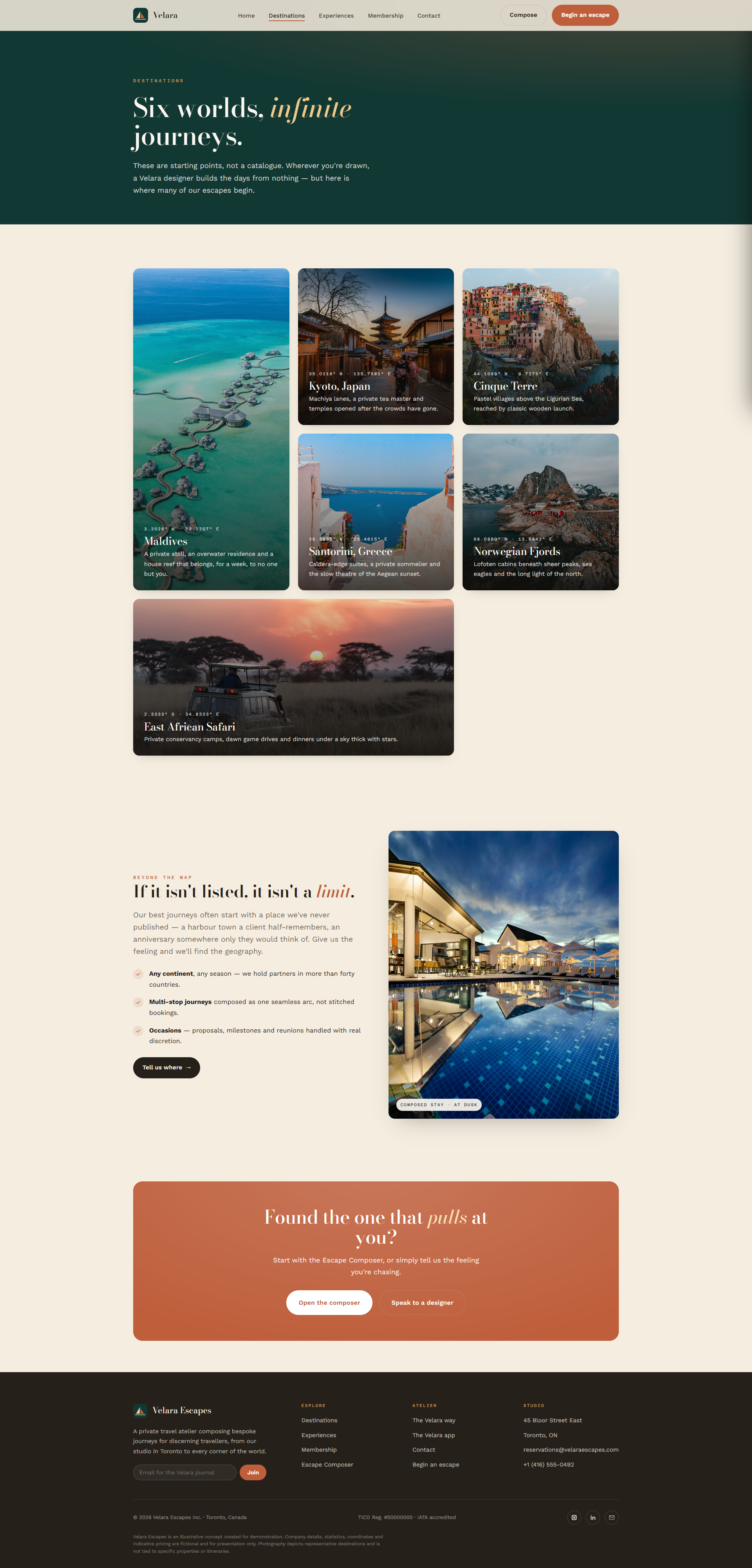 Private Travel Atelier Website, destinations page