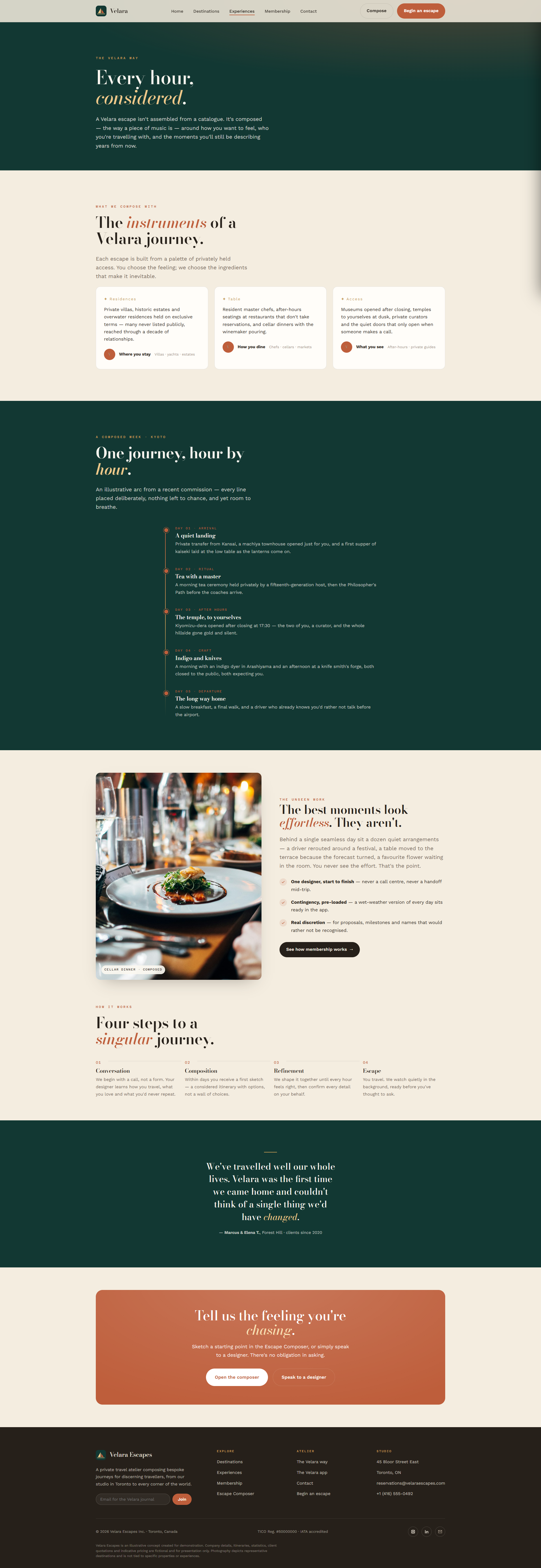 Private Travel Atelier Website, experiences page